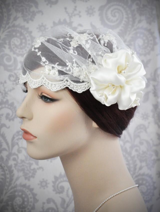Bridal Cap Veil Juliet Cap Ivory Lace With Silk Charmeuse Flowers And