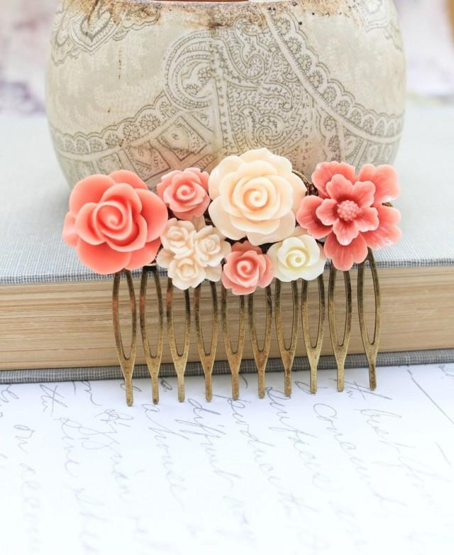 Bridal Hair Comb Peach Coral Rose Hair Comb Ivory Cream Floral Collage