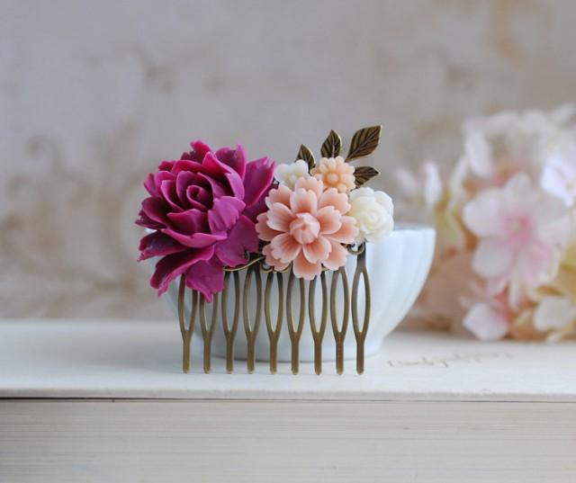 Plum Violet Rose Dusky Pink Ivory Flower Wedding Bridal Hair Comb Flow