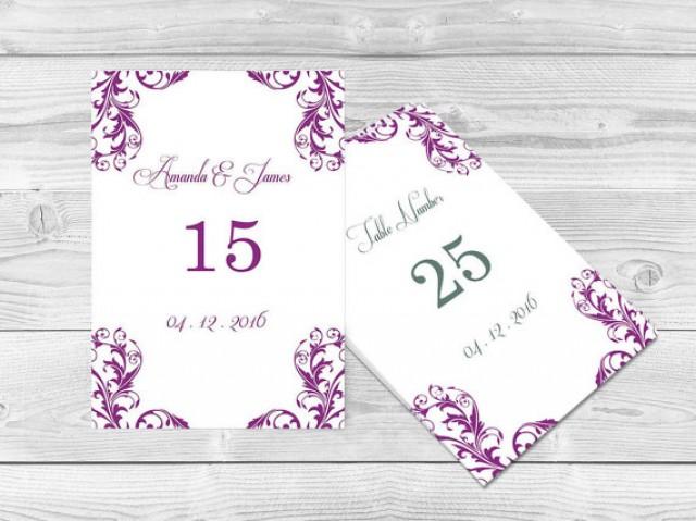 Wedding Table Numbers Template 4x6 Elegant Orchid Purple Damask