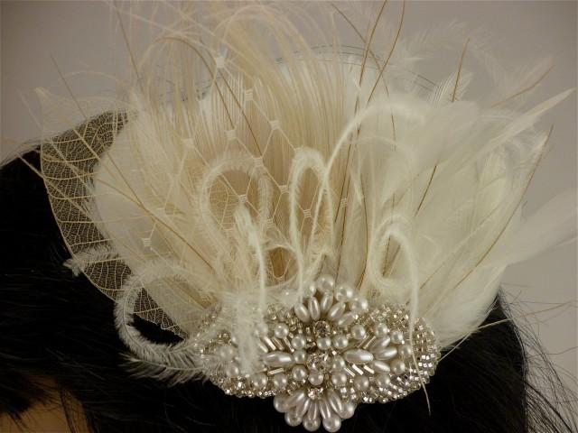 Rhinestone Pearl Silver Beaded Bridal Ivory Feather Fascinator Rhinestone Hair Clip Bridal 