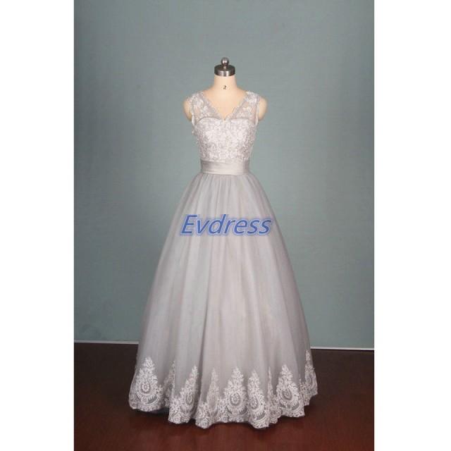 2015 Gray Tulle And Lace Wedding Gowns Hot Cute V Neck Dress For