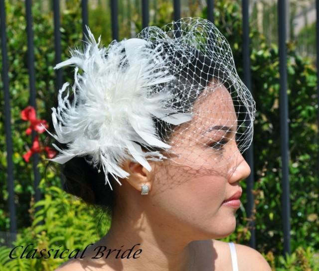 Mini 801 Veil Set W Pearl Feather Fascinator Hair Clip And Ivory Or White Birdcage Blusher 6