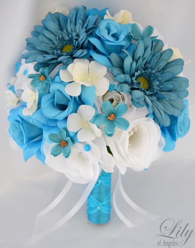 17pcs Wedding Bridal Bouquet Flower Decoration Bride Package TURQUOISE BLUE LILY 