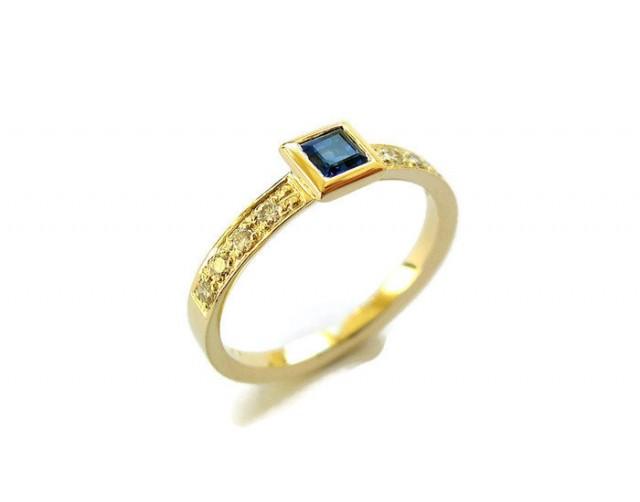 Sapphire And Diamonds Engagement Ring, Square Gemstone Yellow Gold Ring