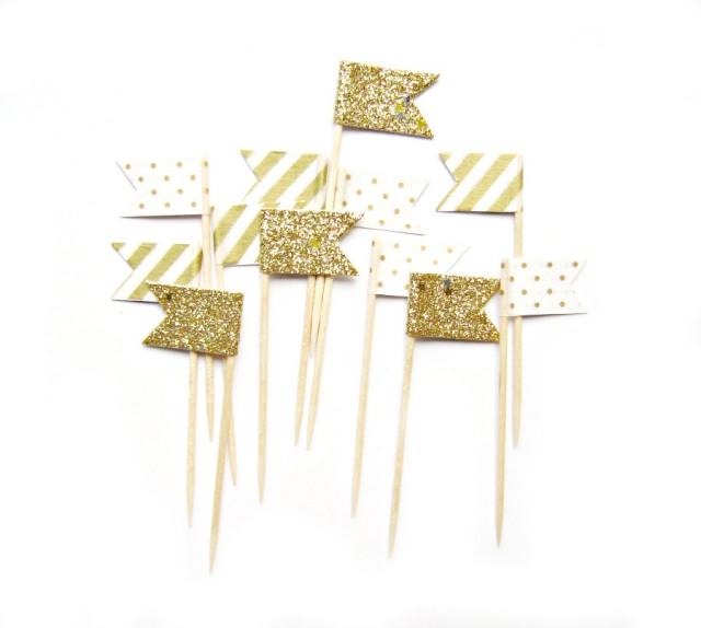 12 Gold Stripe, Glitter & Polka Dot Flag Cupcake Toppers Washi Tape