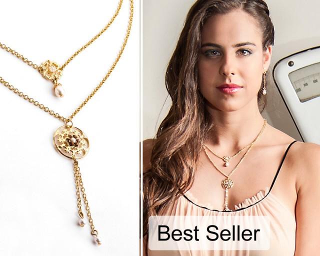 Gold Layered Necklace, Layered Necklace Gold, Double Strand Necklace