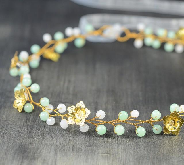 Mint Green Wedding Hair Piece, Crystal Hair Vine, Bridal Hairpiece
