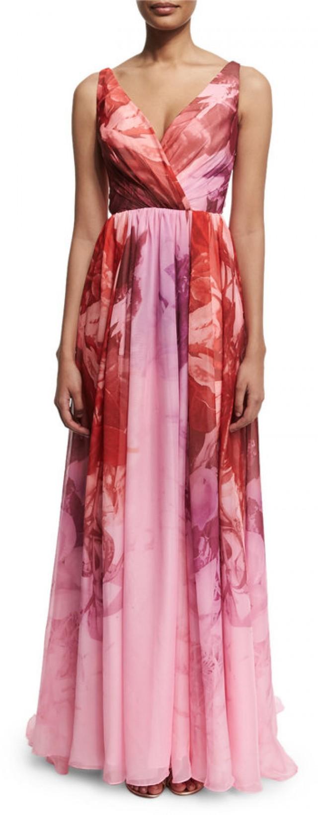 ML Monique Lhuillier Sleeveless FloralPrint Ombre Gown, Sorbet