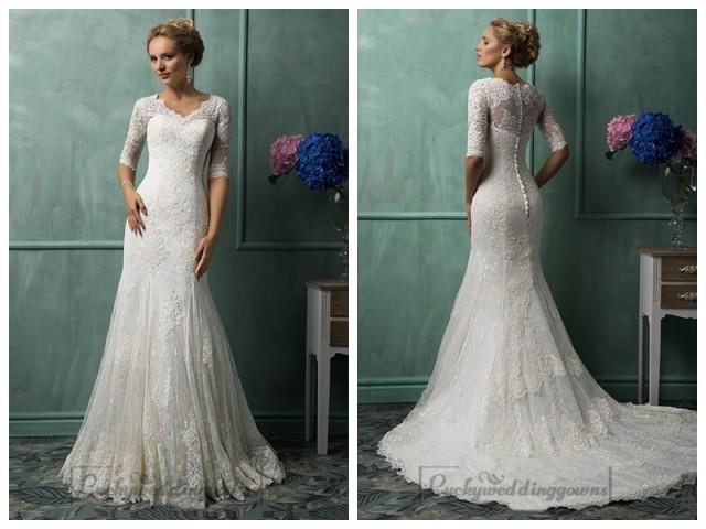 V-Neckline Half Sleeves Lace Wedding Dress