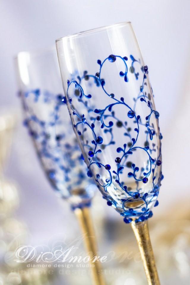 Royal Blue And Gold Wedding Champagne Glasses From The Collection Art