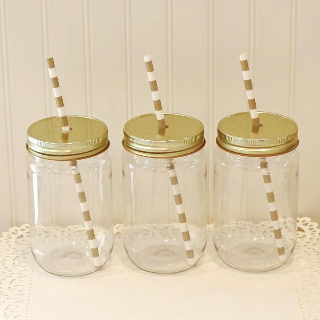 Plastic Mason Jars, 10 Plastic Mason Jars & Metal Lid With Straw Hole