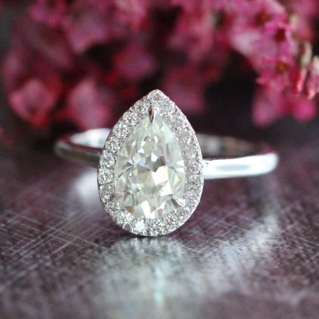 Pear Moissanite Diamond Engagement Ring In 14k White Gold Halo Diamond Wedding Band 9x6mm