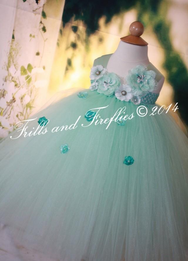 Mint Green Flower Girl Dress, Rustic Shabby Chic Flowergirl Dress