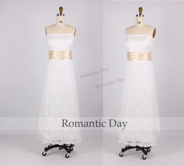 White Strapless Ribbons A-Line Tea Length Lace Wedding Dresses/short