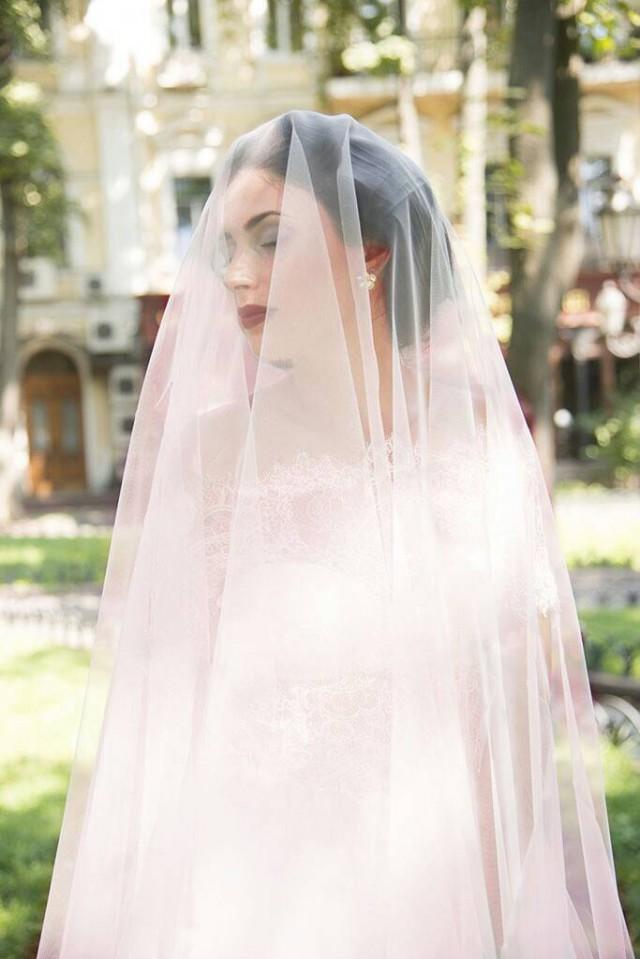 Pink Wedding Veil Peach Angellure Light Pink Drop Veil, Grey Cathedral
