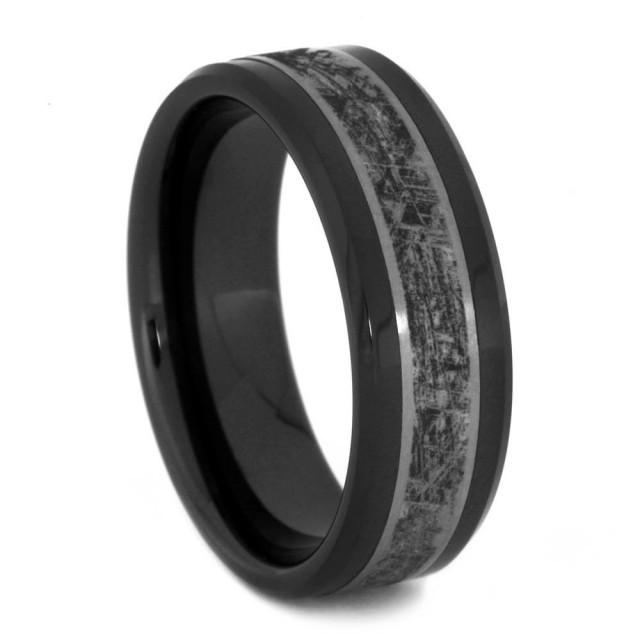 Black Ceramic Wedding Band, Titanium Ring With Mimetic  