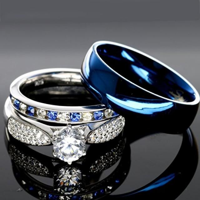 His And Hers 925 Sterling Silver Blue Sapphire Stainless Steel Wedding