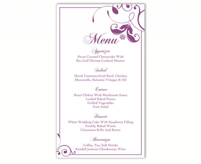 Wedding Menu Template Diy Menu Card Template Editable Text Word File Instant Download Eggplant Wedding Menu Size Template