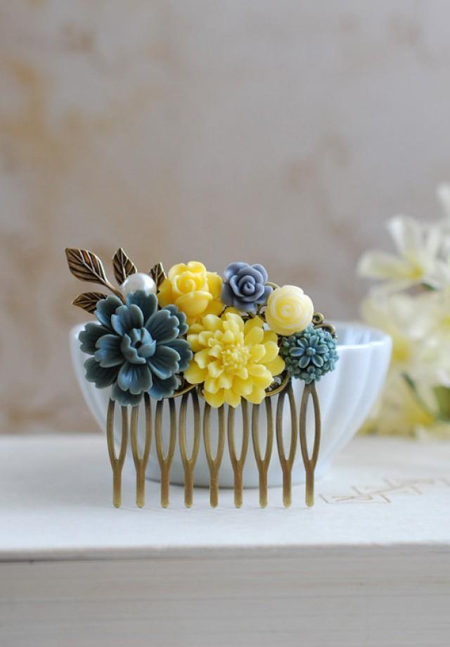 Grey Yellow Flowers Hair Comb. Wedding Bridal Hair Comb, Bridesmaid