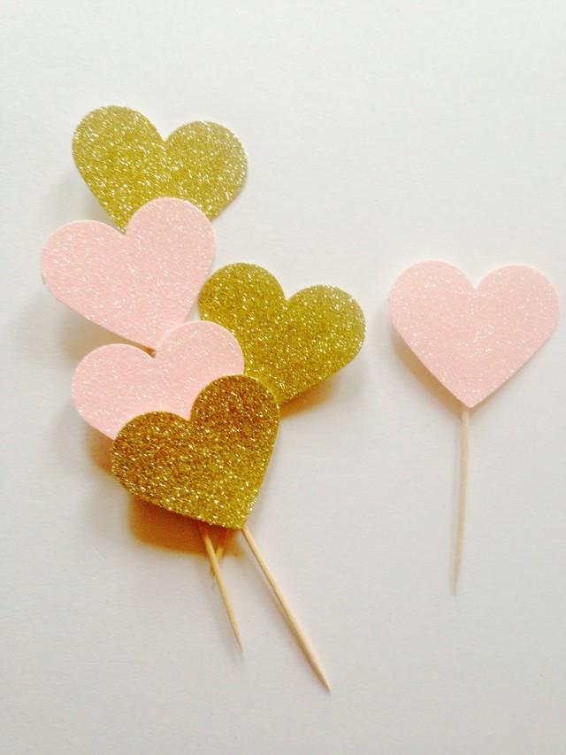 Pack Of Large Gold Pink Glitter Heart, Valentines Topper, Wedding