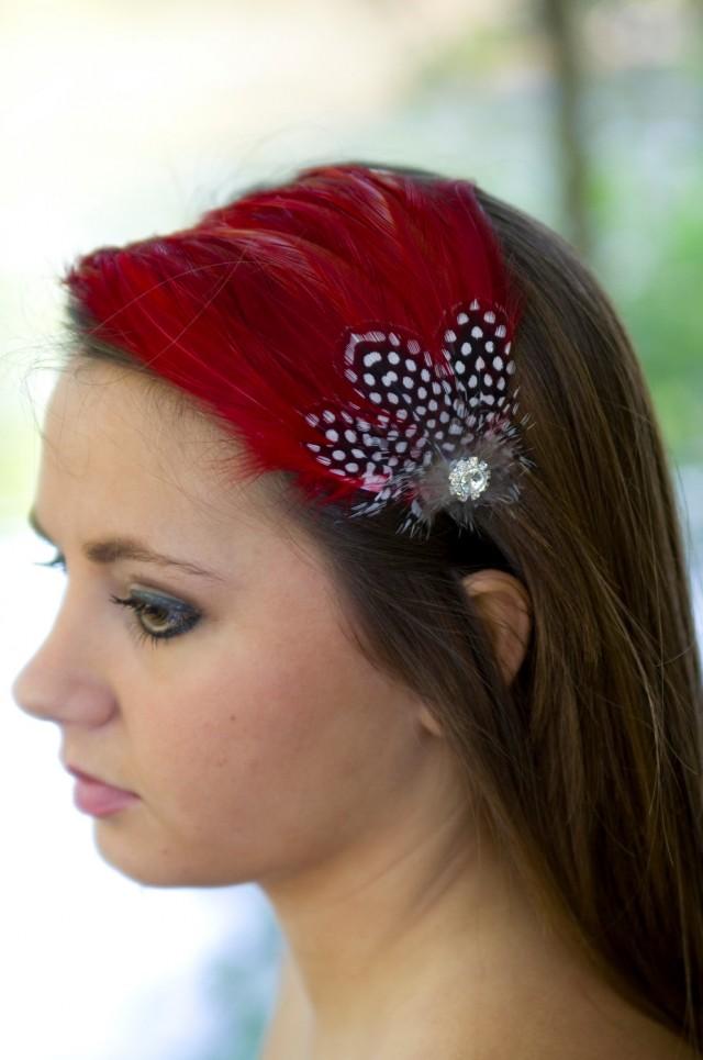 Red Headband, Feather Fascinator, Headband, Bridal Hair Piece, Vintage