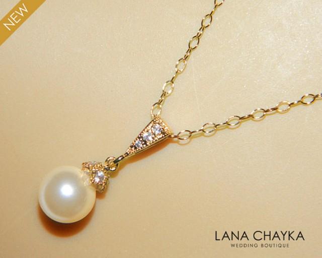 Ivory Pearl Gold Bridal Necklace Single Pearl Gold Necklace Swarovski 8mm Small Pearl Gold