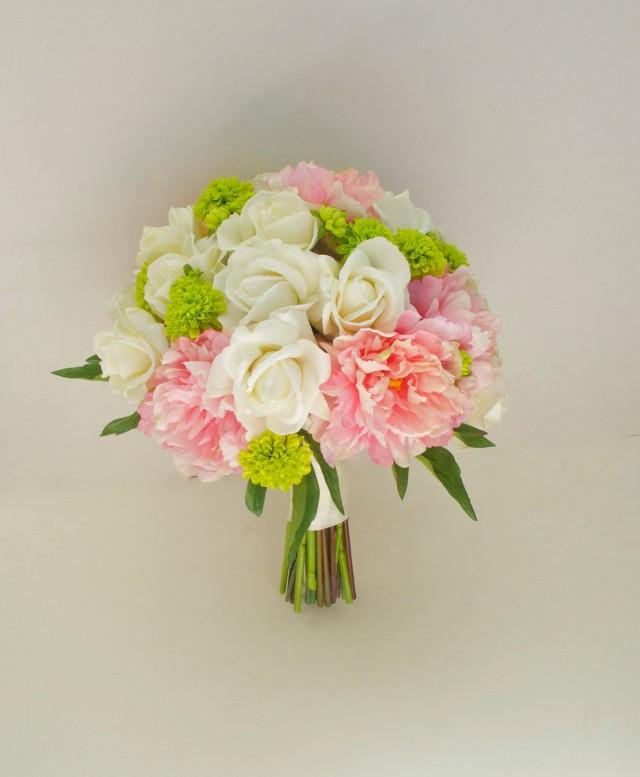 Large Peony Bouquet With Button Mums, 14'', (Pink, Ivory, Green