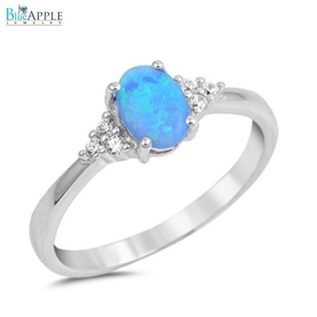 Oval Cut Blue Opal Ring Solid 925 Sterling Silver Lab Created Blue