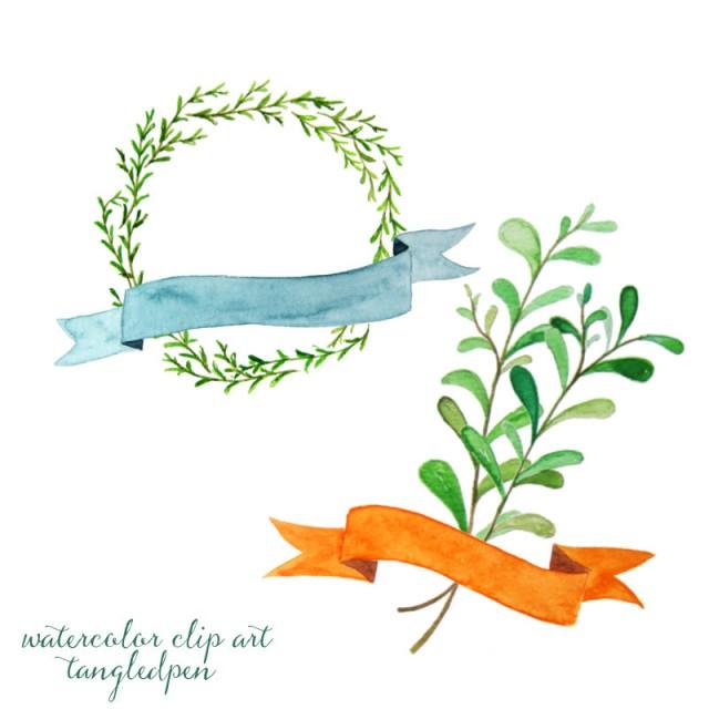 Hand Painted Flourishes Leaves Twigs Wreath And Banners