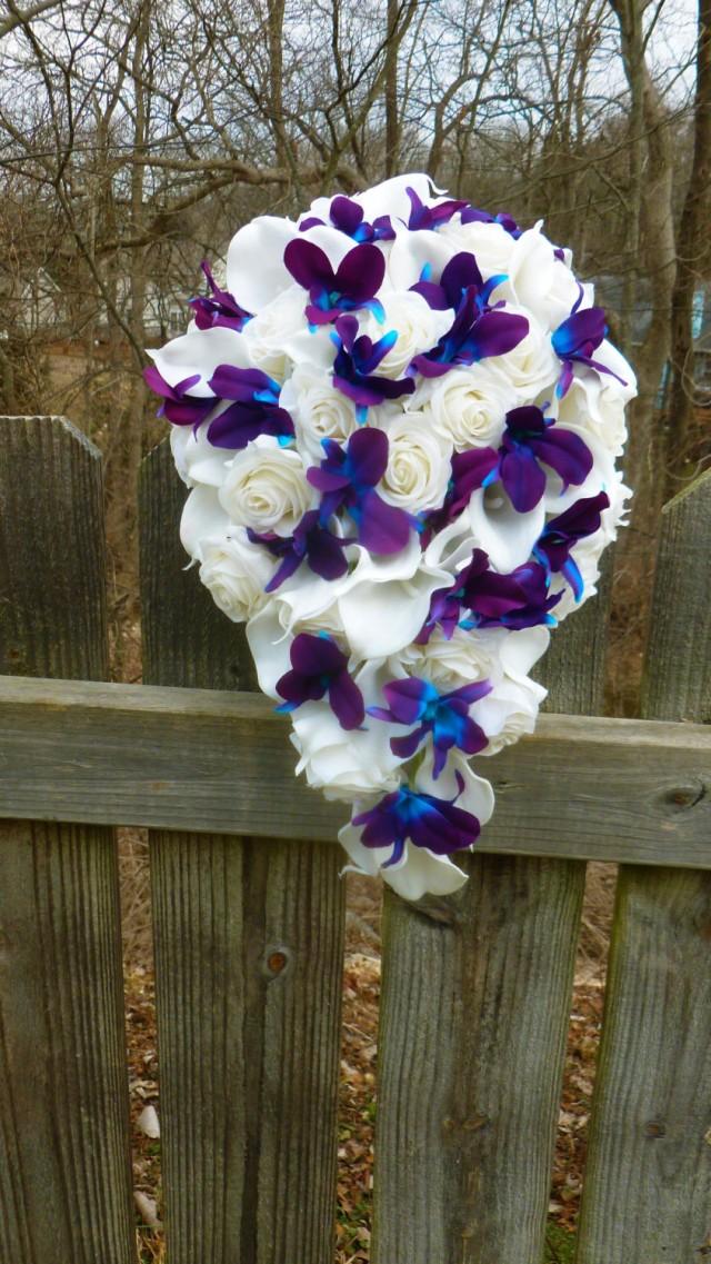 Cascading Ivory White Real Touch Rose Calla Lily And Purple Blue Dendrobium Orchid Bouquet