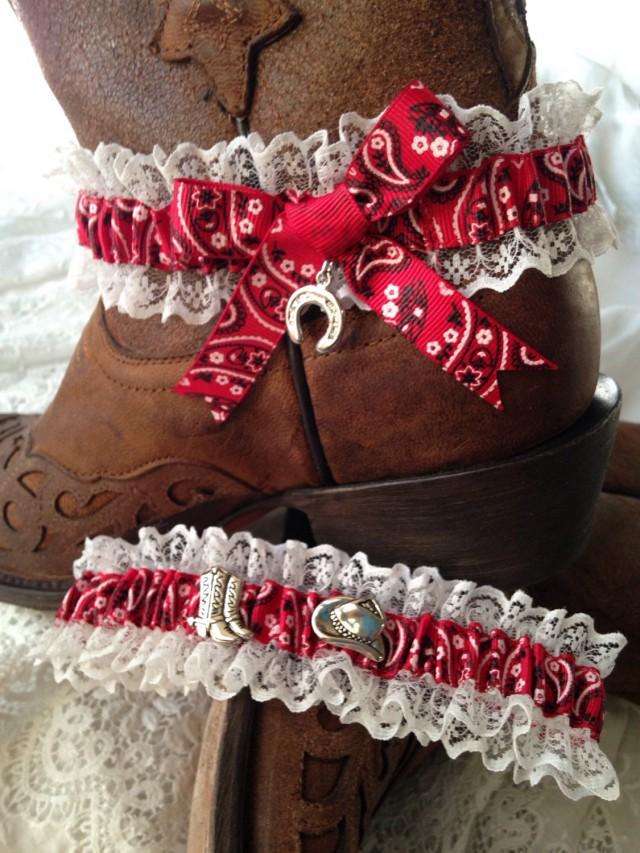 Red Bandanna Country Garter Set With A Lucky Horse Shoe Charm. Bridal