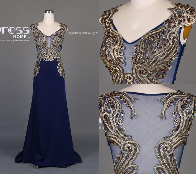 Unique 2016 Navy Blue Mermaid Gold Embroidery Prom Dress Beading Prom