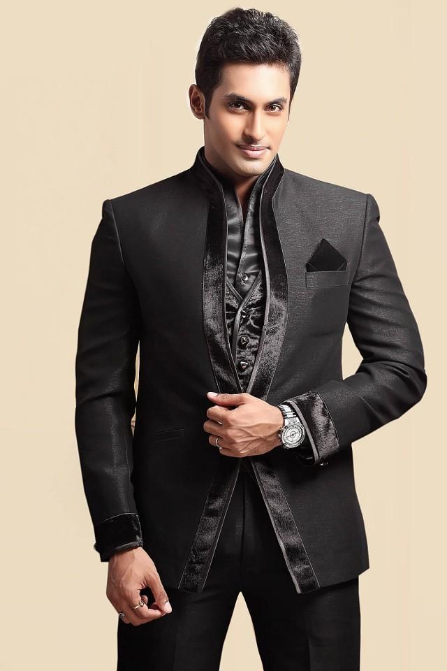 Black Linen Slim Fit Suit With Chinese Collar 2468414 Weddbook