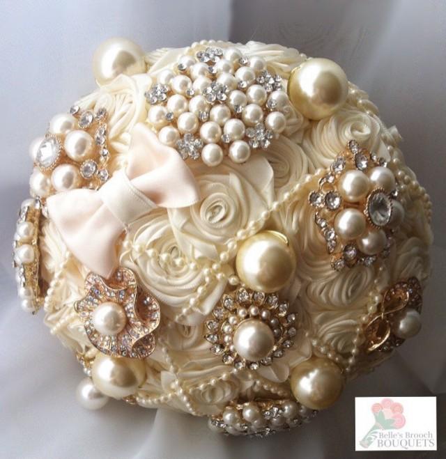 Ivory Satin Ribbon Rose Brooch Bouquet. Fabric Brooch Bouquet. Brooch