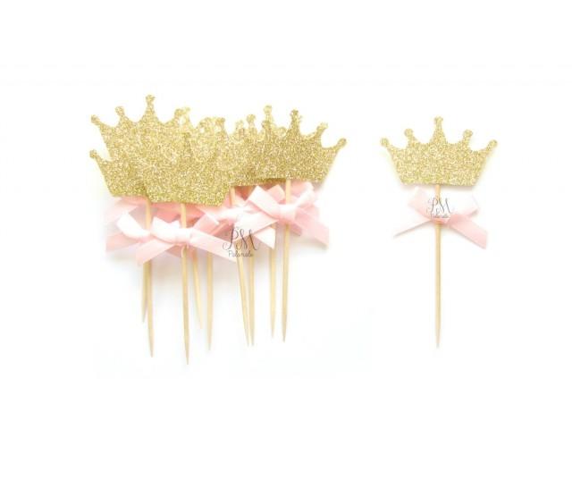 12 Pink Bow & Gold Glitter Crown Cupcake Toppers Crown