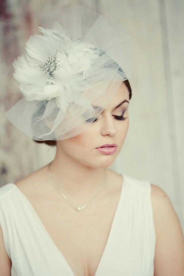 Royal Crystal And Feather Fascinator. Vintage Style Bridal Veil. Huge