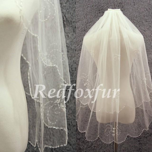 2T Ivory Bridal Veil Elbow Veil Fine Handbeaded Crescent Edge Wedding