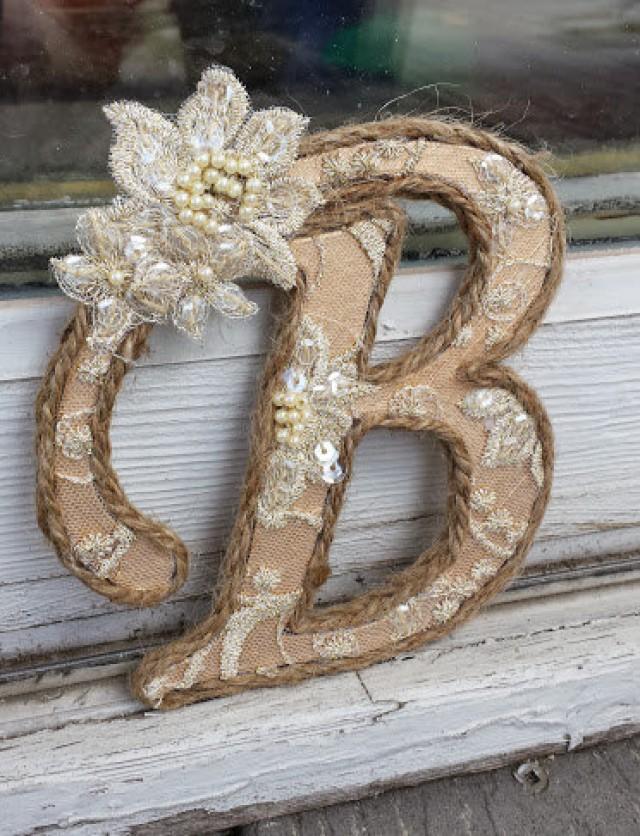 Elegant Lace Monogram Cake Topper; Burlap Cake Topper; Gold And Ivory Lace Cake Initial; Unique