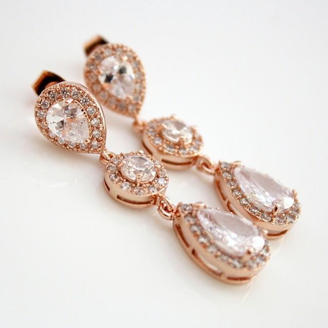 Rose Gold Bridal Earrings Crystal Wedding Jewelry Teardrop Cubic