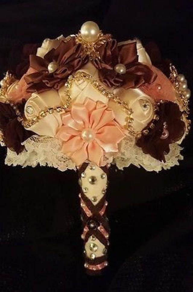 Peach, Chocolate And Ivory Ribbon Flowers And Brooch Wedding Bridal