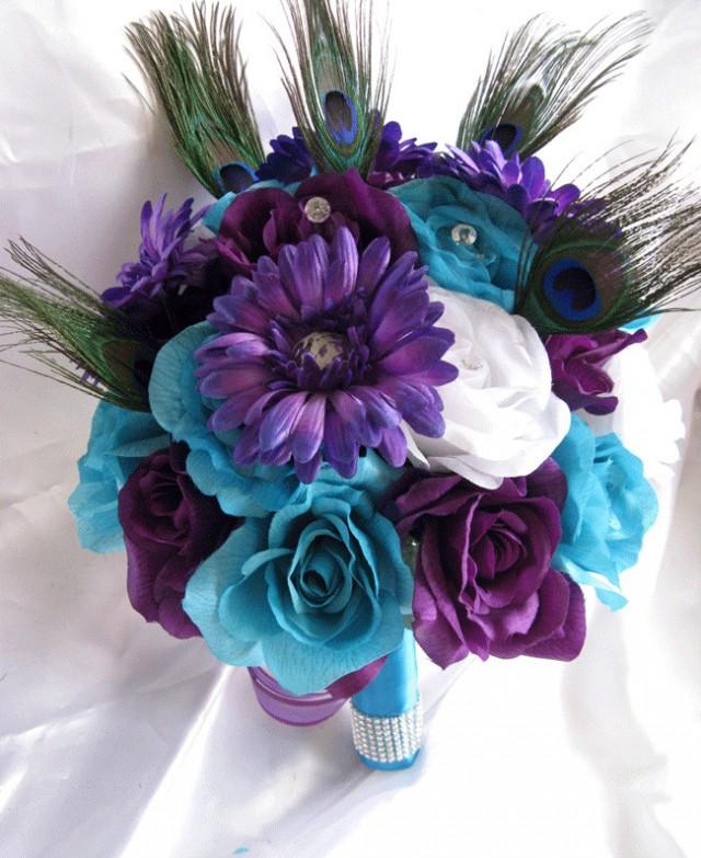 Wedding Bouquet Bridal Silk Flowers 17 Piece Package Turquoise Purple Plum Peacock Feather 3478