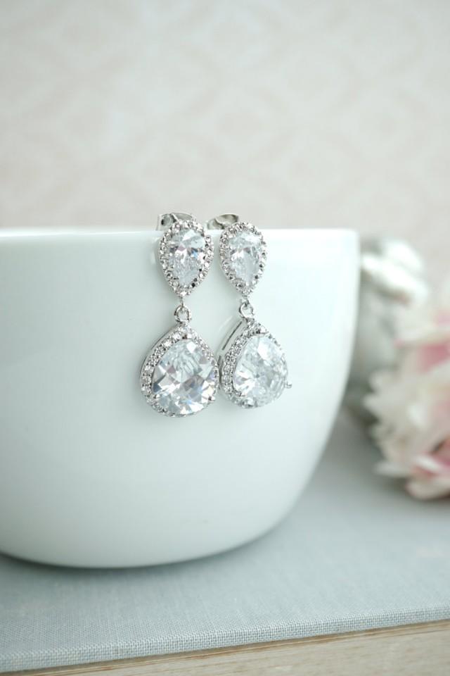 Bridal Earrings, Cubic Zirconia Earrings, Rhodium Plated Pear Drop