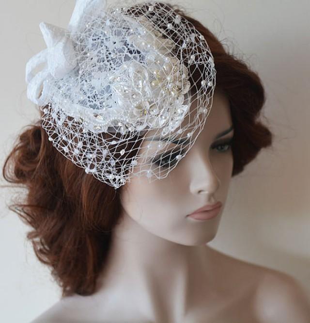 Bridal Birdcage Veil, White Fascinator, Crystals Pearls Lace Birdcage
