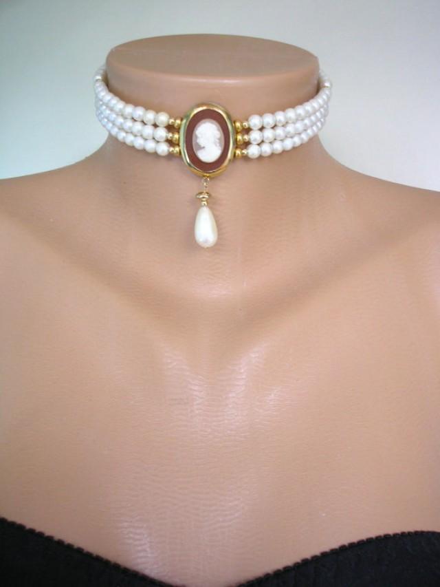 Cameo Necklace, Cameo Jewelry, Pearl Choker, Statement Necklace