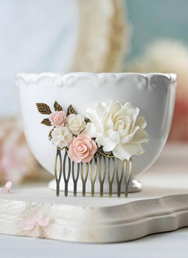 Blush Pink Wedding Hair Comb Soft Pink Ivory Rose Flower Bridal Hair