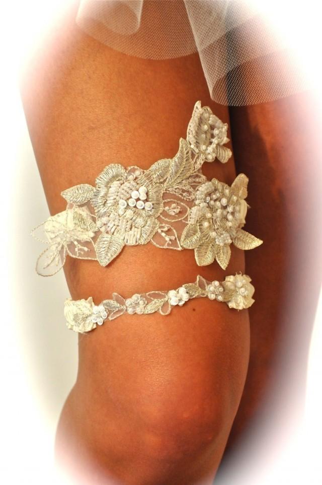 Garters, Wedding Garter Set As Open Heart In Beaded Regal Lace 2477889