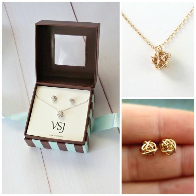 Love Knot Necklace And Stud Earring Gift Set Rose Gold Love Knot