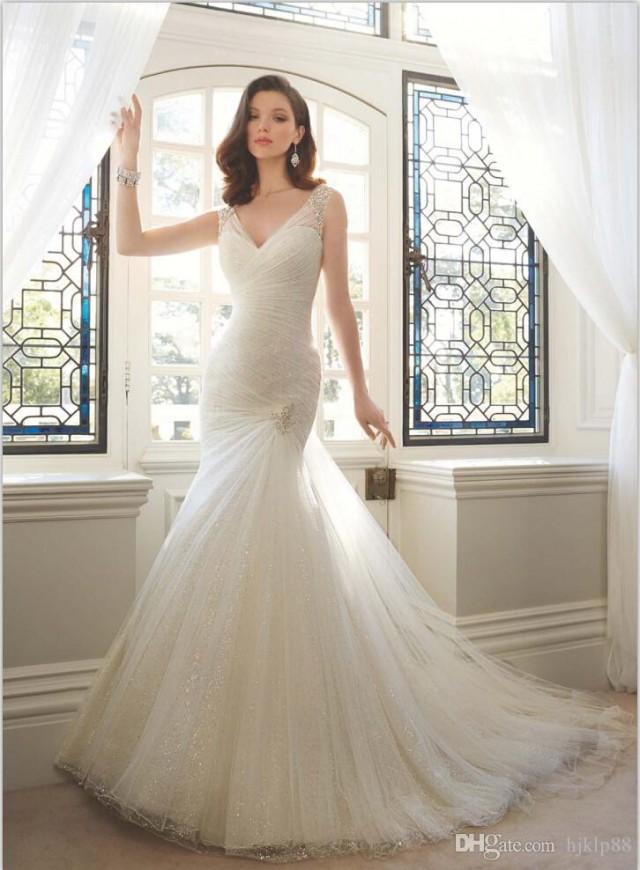 Sexy V Neck Sparkling Mermaid Wedding Dresses Beads Pleated Fitted 2016 Corset Sheer Tulle 3464