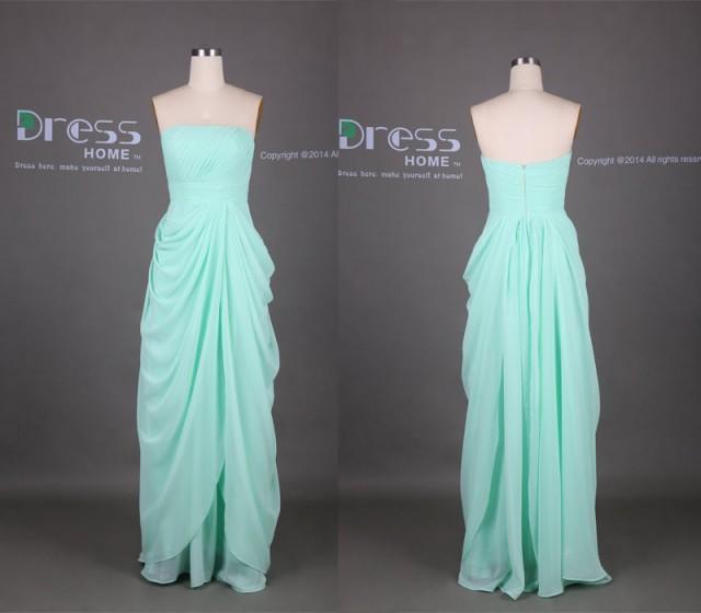 Mint Green Strapless Ruffles Chiffon A Line Long Bridesmaid Dress/Floor Length Wedding Party